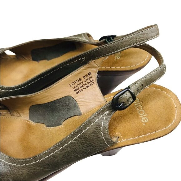 Nicole Lotus Peep Toe Leather Olive wedge Sandals Women size 9.5 - Picture 11 of 15